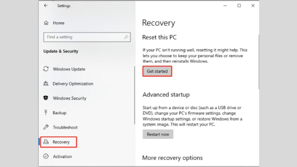 Click on Get Started right to reset your PC